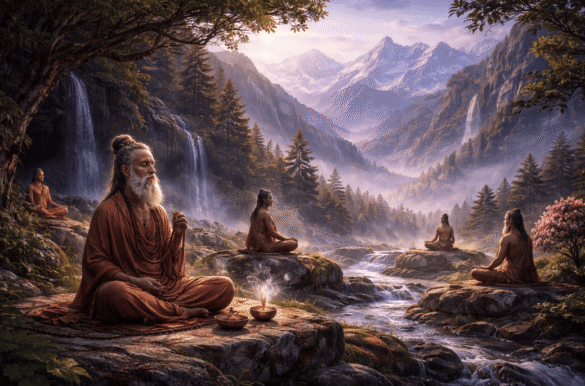 yogis chanting mantra in the Himalayan dawn